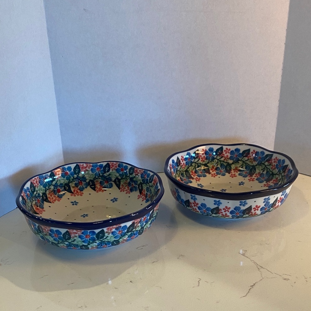 2 Polish Pottery Handmade Small Floral Scalloped Edge Bowls 5.5” Blue